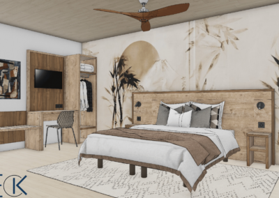 Visuel 3D avec vue sur un lit au centre et une tête de lit en bois beige. Du mobilier est disponible a gauche du lit en bois beige